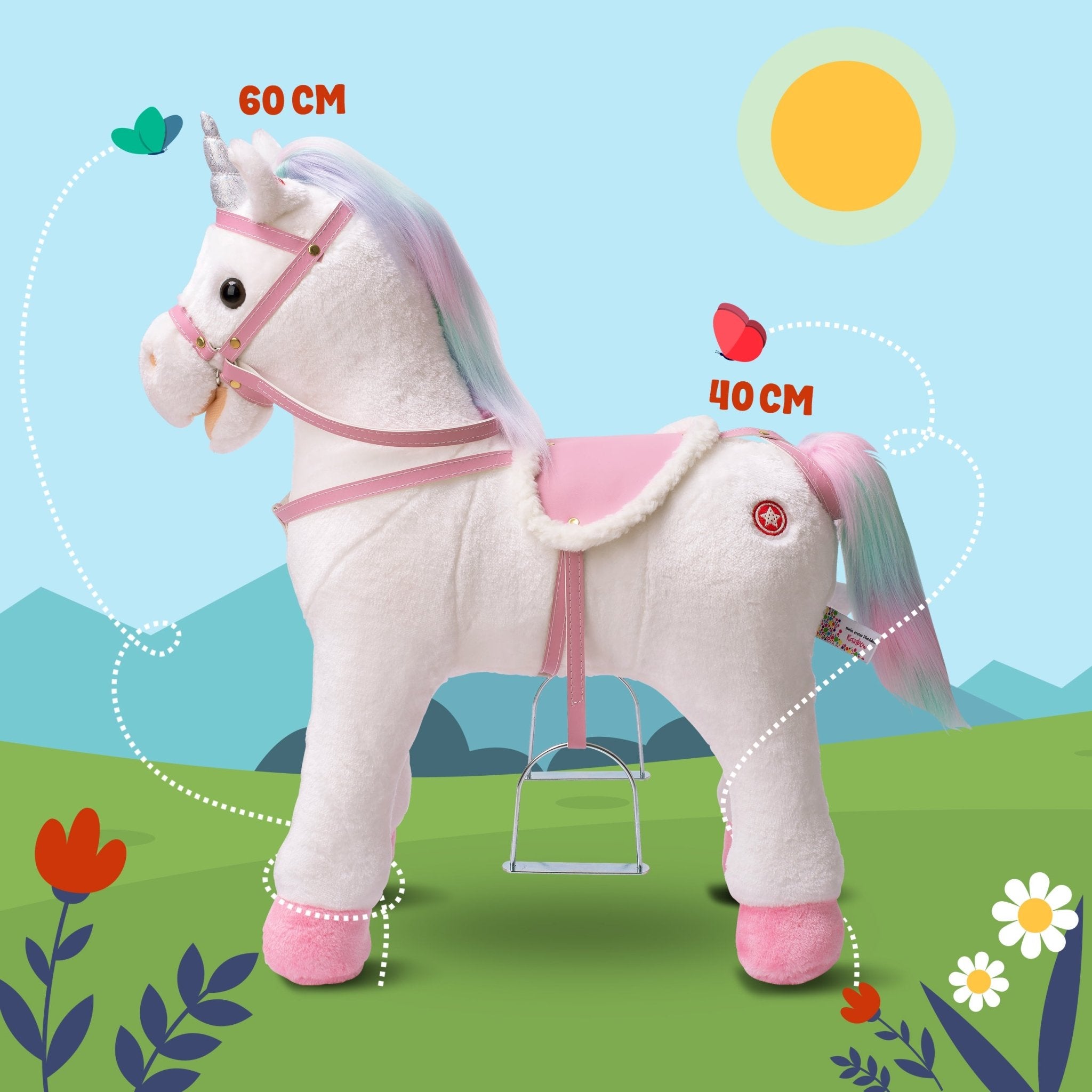 Pink Papaya Stehpferd zum draufsitzen 60cm Spielpferd mit Sound - Rainbow
